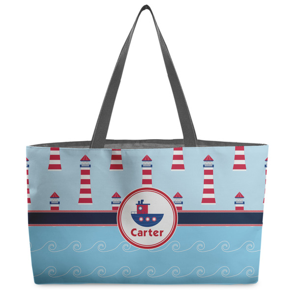 Custom Light House & Waves Beach Totes Bag - w/ Black Handles (Personalized)