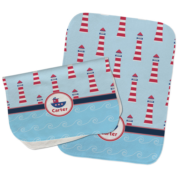 Custom Light House & Waves Burp Cloths - Fleece - Set of 2 w/ Name or Text