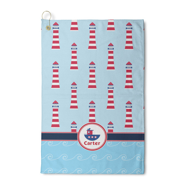 Custom Light House & Waves Waffle Weave Golf Towel (Personalized)