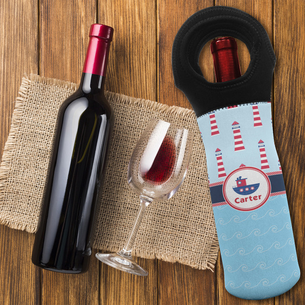 Light House & Waves Wine Tote Bag - FLATLAY