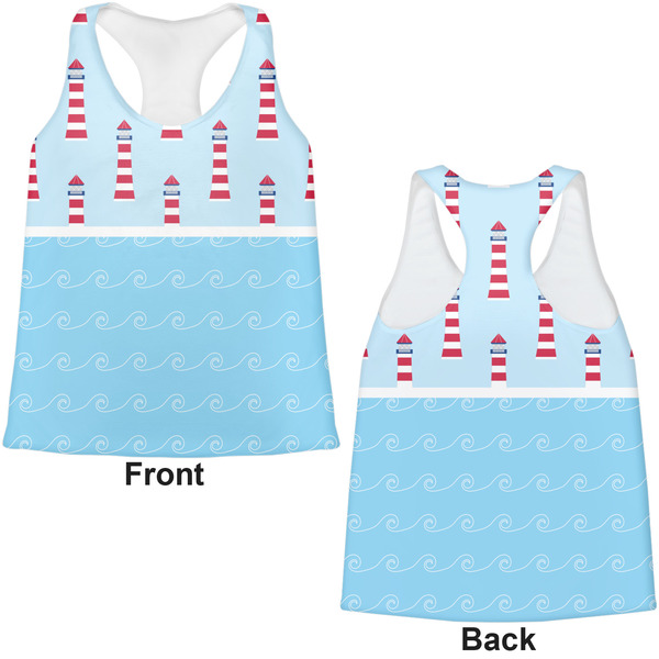 Light House & Waves Womens Racerback Tank Tops - Medium - Front and Back