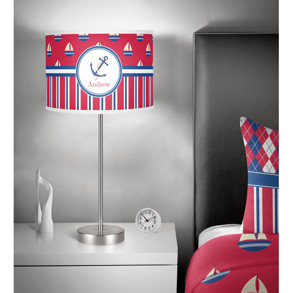 Sail Boats & Stripes 13 inch drum lamp shade - in room