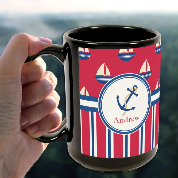 Sail Boats & Stripes 15oz. Black Mug - LIFESTYLE