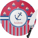 Sail Boats & Stripes Round Glass Cutting Board - Small (Personalized)