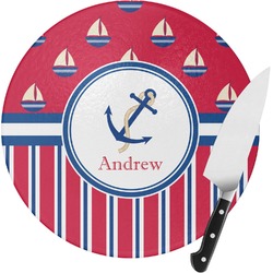Sail Boats & Stripes Round Glass Cutting Board - Small (Personalized)