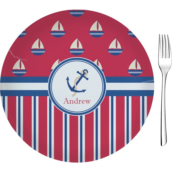 Custom Sail Boats & Stripes Glass Appetizer / Dessert Plate 8" (Personalized)