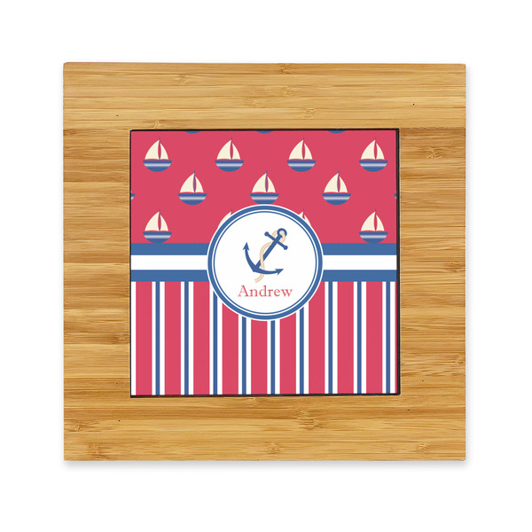 Custom Sail Boats & Stripes Bamboo Trivet with Ceramic Tile Insert (Personalized)
