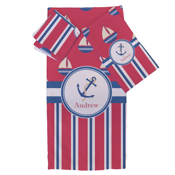 Custom Sail Boats & Stripes Bath Towel Set - 3 Pcs (Personalized)