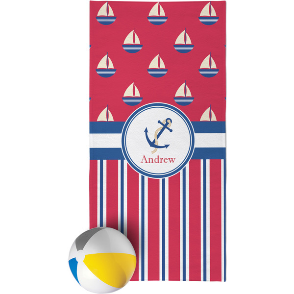 Custom Sail Boats & Stripes Beach Towel (Personalized)