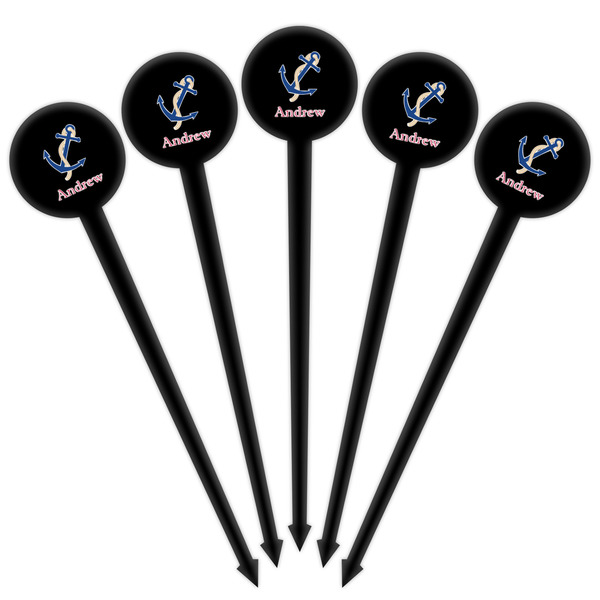 Sail Boats & Stripes Black Plastic 4" Food Pick - Round - Fan View