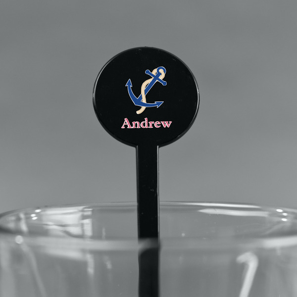 Sail Boats & Stripes Black Plastic 7" Stir Stick - Round - Main