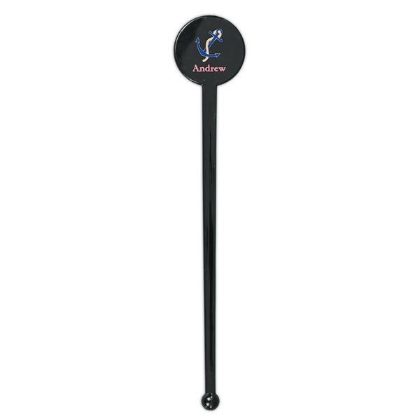 Sail Boats & Stripes Black Plastic 7" Stir Stick - Round - Single Stick