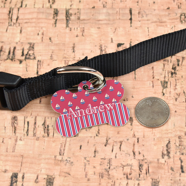 Sail Boats & Stripes Bone Shaped Dog ID Tag - Large - In Context