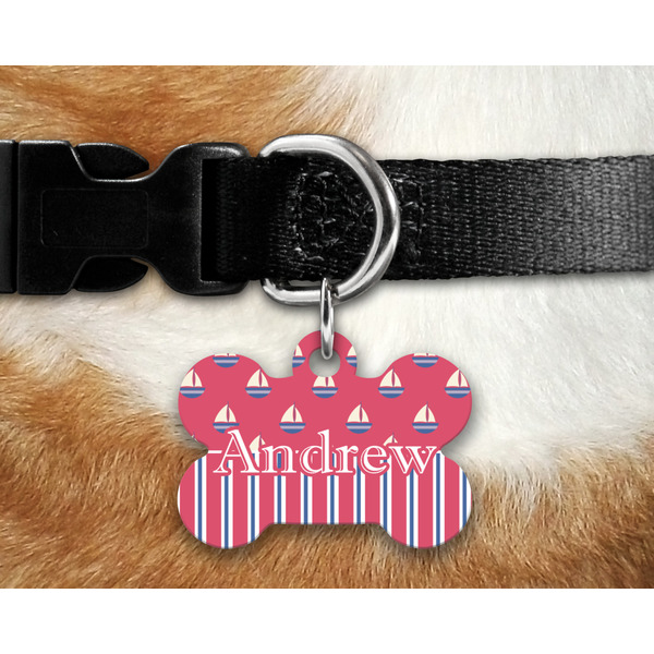 Sail Boats & Stripes Bone Shaped Dog Tag on Collar & Dog