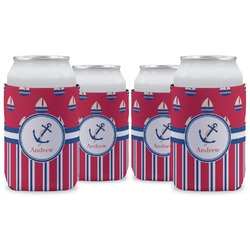 Sail Boats & Stripes Can Cooler (12 oz) - Set of 4 w/ Name or Text