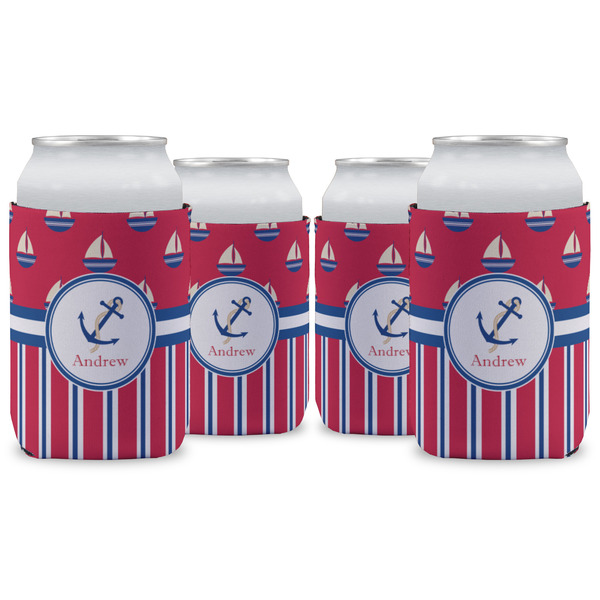 Custom Sail Boats & Stripes Can Cooler (12 oz) - Set of 4 w/ Name or Text