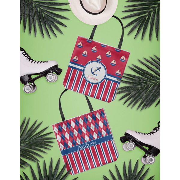 Sail Boats & Stripes Canvas Tote Lifestyle Front and Back- 13x13