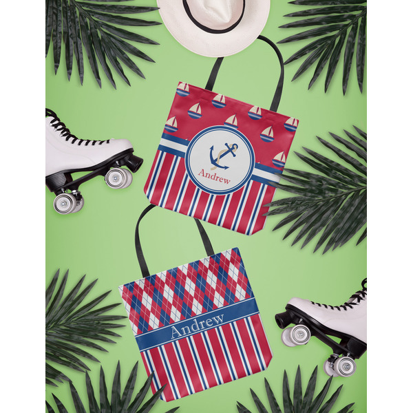 Sail Boats & Stripes Canvas Tote Lifestyle Front and Back