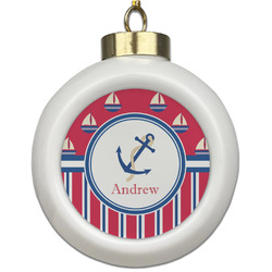 Sail Boats & Stripes Ceramic Ball Ornament (Personalized)