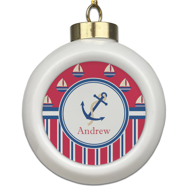 Custom Sail Boats & Stripes Ceramic Ball Ornament (Personalized)