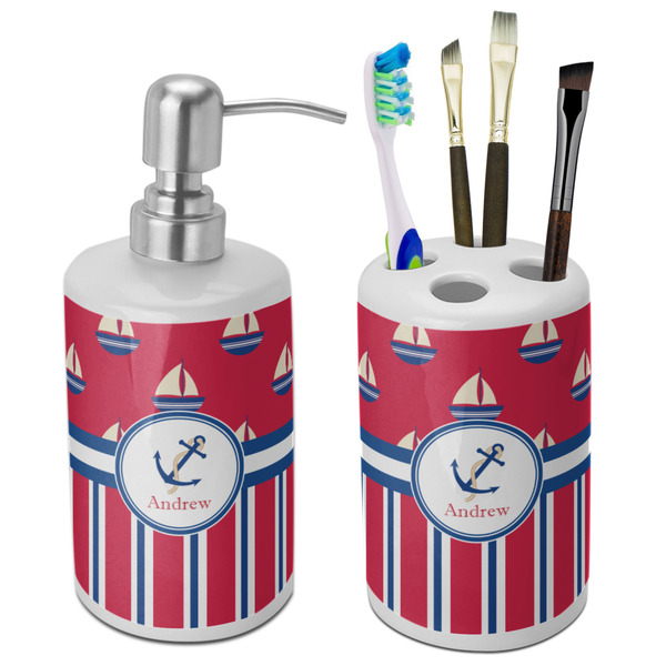 Custom Sail Boats & Stripes Ceramic Bathroom Accessories Set (Personalized)