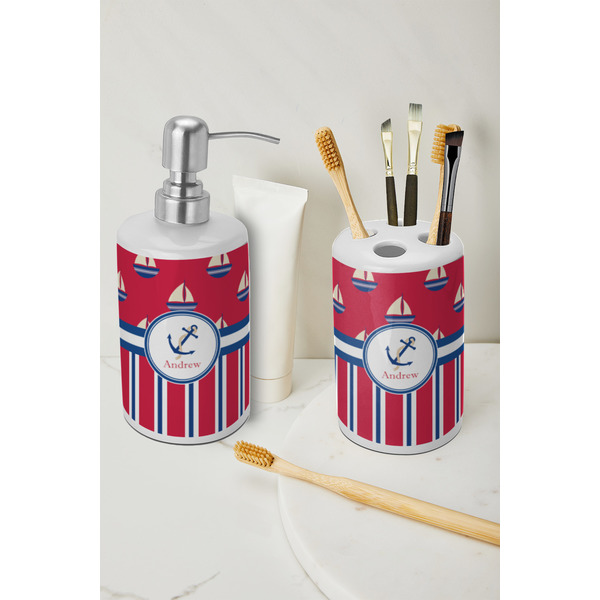 Sail Boats & Stripes Ceramic Bathroom Accessories - LIFESTYLE (toothbrush holder & soap dispenser)