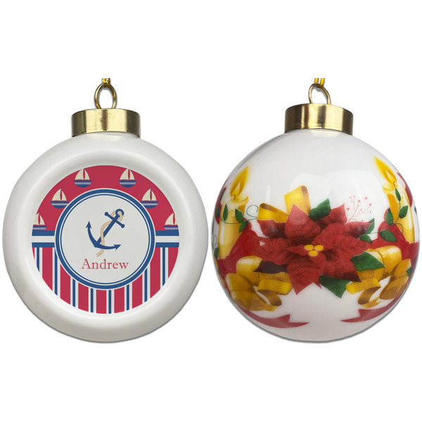 Sail Boats & Stripes Ceramic Christmas Ornament - Poinsettias (APPROVAL)