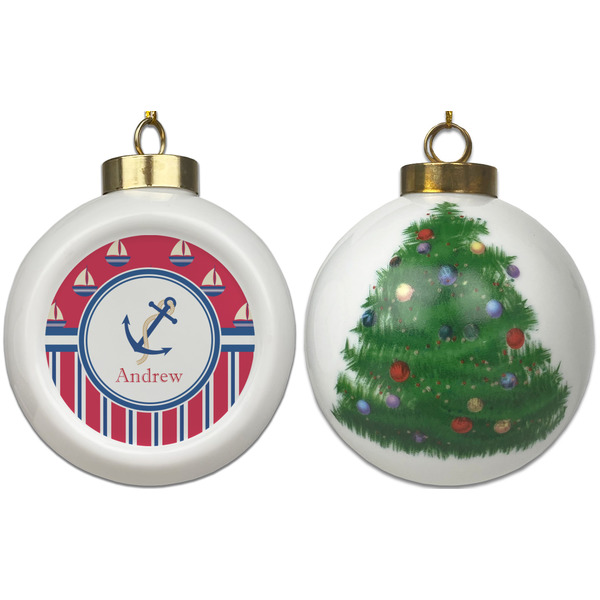 Sail Boats & Stripes Ceramic Christmas Ornament - X-Mas Tree (APPROVAL)