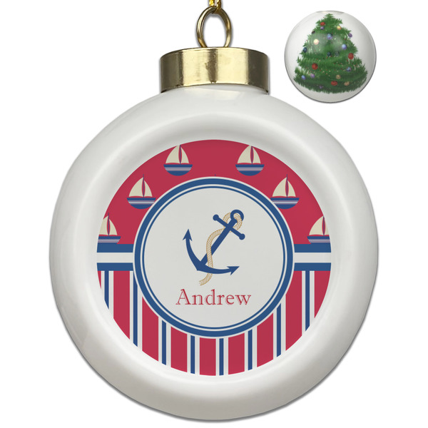 Custom Sail Boats & Stripes Ceramic Ball Ornament - Christmas Tree (Personalized)