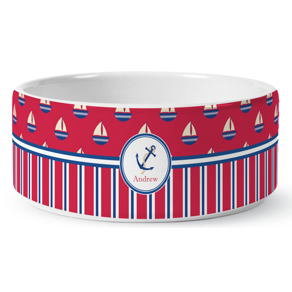 Sail Boats & Stripes Ceramic Dog Bowl - Medium - Front
