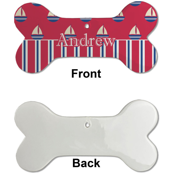 Sail Boats & Stripes Ceramic Flat Ornament - Bone Front & Back Single Print (APPROVAL)