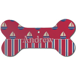 Sail Boats & Stripes Ceramic Dog Ornament - Front w/ Name or Text
