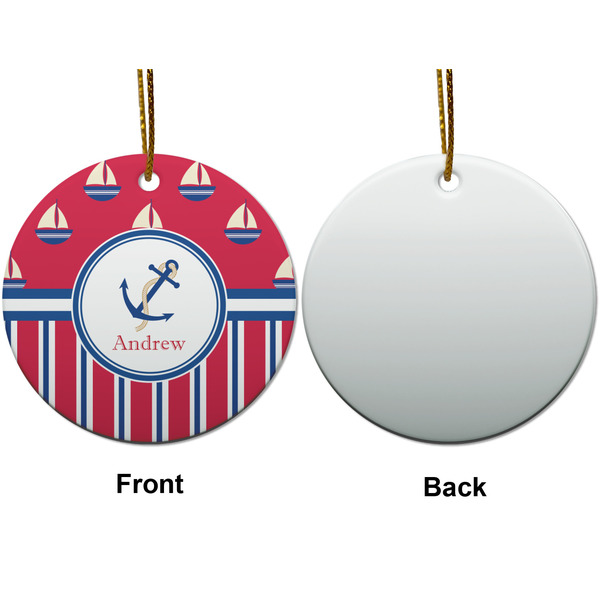 Sail Boats & Stripes Ceramic Flat Ornament - Circle Front & Back (APPROVAL)