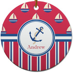 Sail Boats & Stripes Round Ceramic Ornament w/ Name or Text