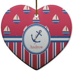 Sail Boats & Stripes Heart Ceramic Ornament w/ Name or Text
