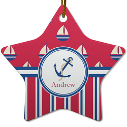 Sail Boats & Stripes Star Ceramic Ornament w/ Name or Text