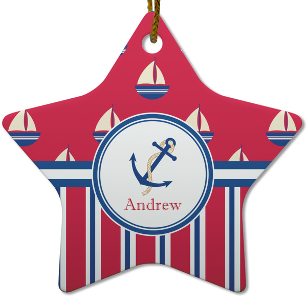 Custom Sail Boats & Stripes Star Ceramic Ornament w/ Name or Text