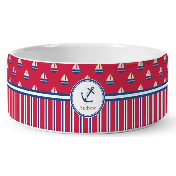 Custom Sail Boats & Stripes Ceramic Dog Bowl - Large (Personalized)