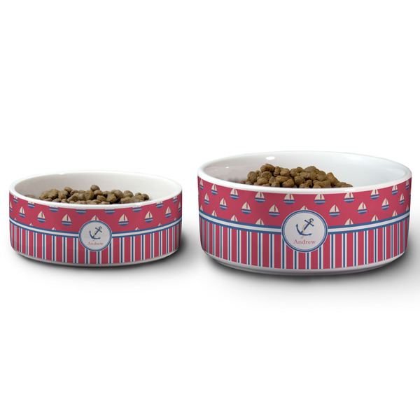 Sail Boats & Stripes Ceramic Dog Bowls - Size Comparison