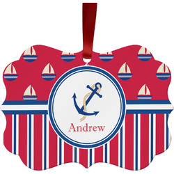 Sail Boats & Stripes Metal Frame Ornament - Double Sided w/ Name or Text