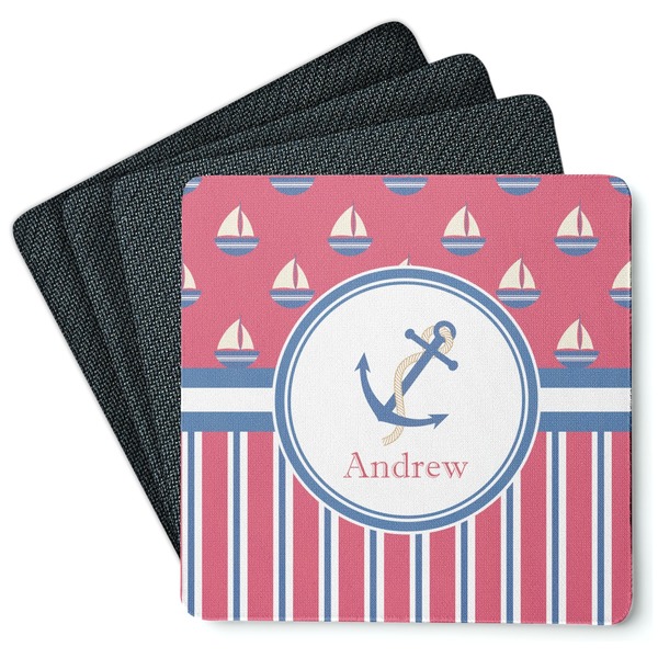 Custom Sail Boats & Stripes Square Rubber Backed Coasters - Set of 4 (Personalized)