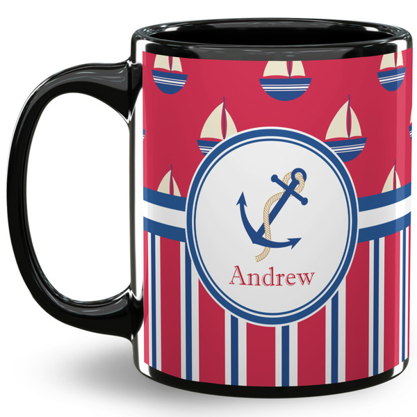 Custom Sail Boats & Stripes 11 Oz Coffee Mug - Black (Personalized)
