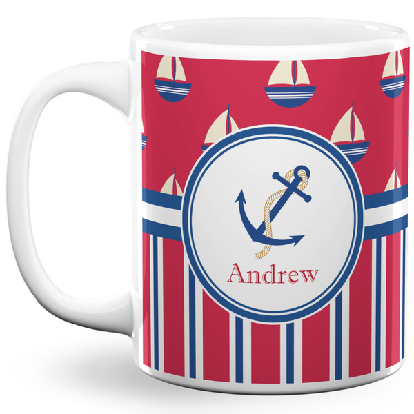 Custom Sail Boats & Stripes 11 Oz Coffee Mug - White (Personalized)