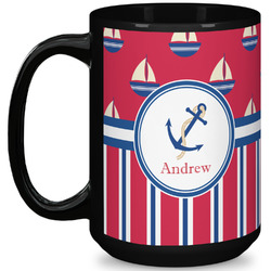 Sail Boats & Stripes 15 Oz Coffee Mug - Black (Personalized)