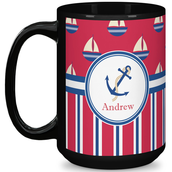 Custom Sail Boats & Stripes 15 Oz Coffee Mug - Black (Personalized)