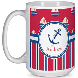 Sail Boats & Stripes 15 Oz Coffee Mug - White (Personalized)