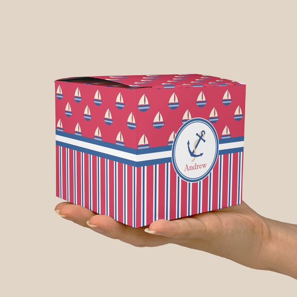 Sail Boats & Stripes Cube Favor Gift Box - On Hand - Scale View