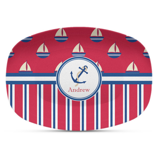 Custom Sail Boats & Stripes Plastic Platter - Microwave & Oven Safe Composite Polymer (Personalized)