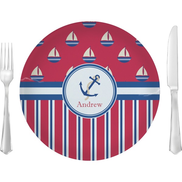 Custom Sail Boats & Stripes Glass Lunch / Dinner Plate 10" (Personalized)