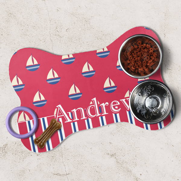 Sail Boats & Stripes Dog Bone Shaped Mat Lifestyle